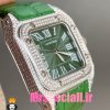 ساعت کارتیه زنانه مدل سانتوس فول نگین باتری بند چرم سبز صفحه سبز 020969 Cartier Santos100
