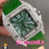ساعت کارتیه زنانه مدل سانتوس فول نگین باتری بند چرم سبز صفحه سبز 020969 Cartier Santos100