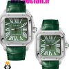 ساعت ست کارتیه زنانه و مردانه مدل سانتوس باتری بند چرم سبز قاب استیل صفحه سبز 020973 Cartier Santos100