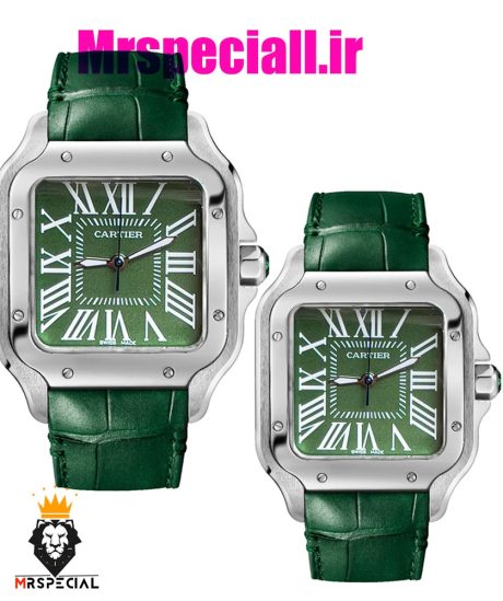 ساعت ست کارتیه زنانه و مردانه مدل سانتوس باتری بند چرم سبز قاب استیل صفحه سبز 020973 Cartier Santos100