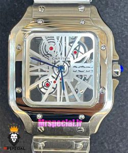 ساعت کارتیه مردانه مدل سانتوس اسکلتون کوارتز استیل صفحه سفید 021372 Cartier Santos Skeleton