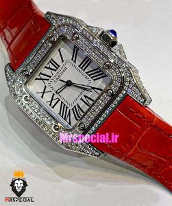 ساعت زنانه کارتیه سانتوس فول نگین بند چرم قرمز صفحه سفید 021363 Cartier Santos100 full diamond