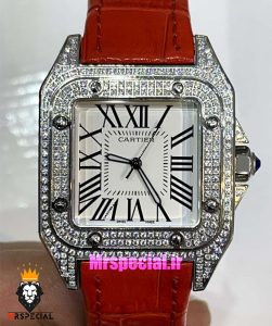 ساعت زنانه کارتیه سانتوس فول نگین بند چرم قرمز صفحه سفید 021363 Cartier Santos100 full diamond