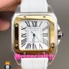 ساعت کارتیه زنانه مدل سانتوس باتری بند چرم سفید قاب استیل دورنگ طلایی صفحه سفید 020972 Cartier Santos100