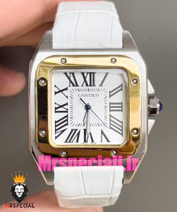ساعت کارتیه زنانه مدل سانتوس باتری بند چرم سفید قاب استیل دورنگ طلایی صفحه سفید 020972 Cartier Santos100 