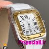 ساعت کارتیه زنانه مدل سانتوس باتری بند چرم سفید قاب استیل دورنگ طلایی صفحه سفید 020972 Cartier Santos100
