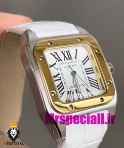 ساعت کارتیه زنانه مدل سانتوس باتری بند چرم سفید قاب استیل دورنگ طلایی صفحه سفید 020972 Cartier Santos100 