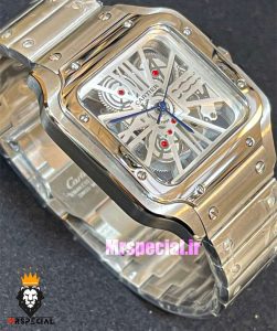 ساعت کارتیه مردانه مدل سانتوس اسکلتون کوارتز استیل صفحه سفید 021372 Cartier Santos Skeleton