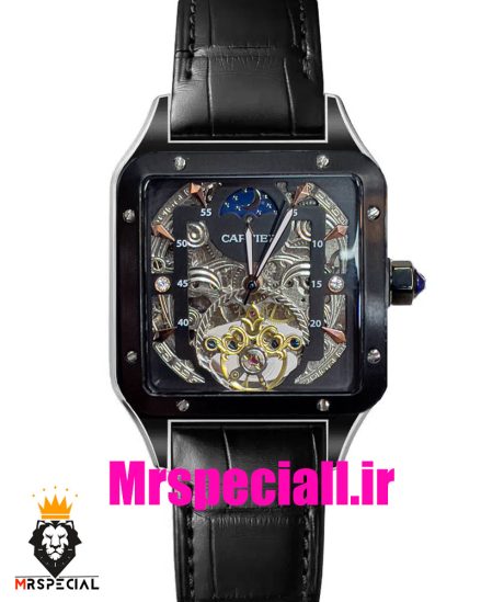 ساعت کارتیه مردانه مدل سانتوس اتوماتیک بند چرم مشکی صفحه اسکلتون CARTIER SANTOS 020943