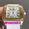ساعت کارتیه زنانه مدل سانتوس باتری بند چرم سفید قاب استیل دورنگ طلایی صفحه سفید 020972 Cartier Santos100