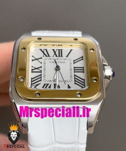 ساعت کارتیه زنانه مدل سانتوس باتری بند چرم سفید قاب استیل دورنگ طلایی صفحه سفید 020972 Cartier Santos100 