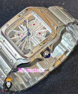 ساعت کارتیه مردانه مدل سانتوس اسکلتون کوارتز استیل صفحه سفید 021372 Cartier Santos Skeleton
