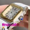 ساعت کارتیه زنانه مدل سانتوس باتری بند چرم سفید قاب استیل دورنگ طلایی صفحه سفید 020972 Cartier Santos100