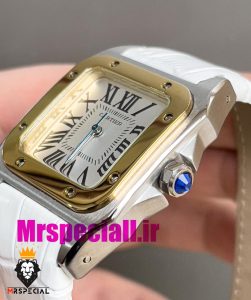ساعت کارتیه زنانه مدل سانتوس باتری بند چرم سفید قاب استیل دورنگ طلایی صفحه سفید 020972 Cartier Santos100 