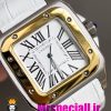 ساعت کارتیه زنانه مدل سانتوس باتری بند چرم سفید قاب استیل دورنگ طلایی صفحه سفید 020972 Cartier Santos100