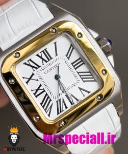 ساعت کارتیه زنانه مدل سانتوس باتری بند چرم سفید قاب استیل دورنگ طلایی صفحه سفید 020972 Cartier Santos100 