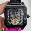 ساعت کارتیه مردانه مدل سانتوس اتوماتیک بند چرم مشکی صفحه اسکلتون CARTIER SANTOS 020943
