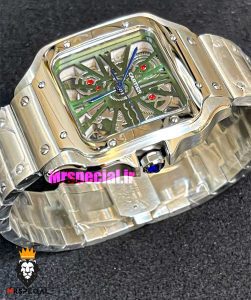 ساعت کارتیه مردانه مدل سانتوس اسکلتون کوارتز استیل صفحه سبز 021370 Cartier Santos Skeleton 