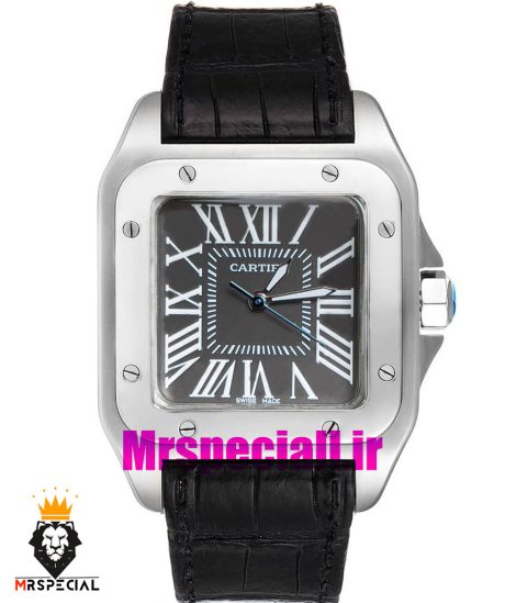 ساعت کارتیه زنانه مدل سانتوس باتری بند چرم مشکی قاب استیل صفحه طوسی 020975 Cartier Santos100