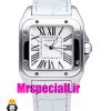 ساعت کارتیه زنانه مدل سانتوس باتری بند چرم سفید صفحه سفید 020971 Cartier Santos100