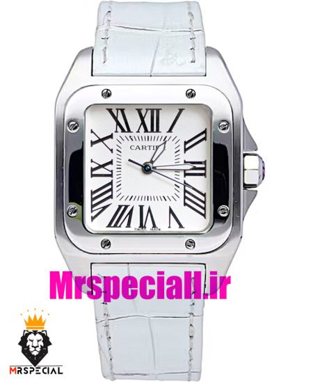 ساعت کارتیه زنانه مدل سانتوس باتری بند چرم سفید صفحه سفید 020971 Cartier Santos100