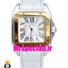 ساعت کارتیه زنانه مدل سانتوس باتری بند چرم سفید قاب استیل دورنگ طلایی صفحه سفید 020972 Cartier Santos100