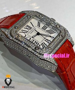 ساعت زنانه کارتیه سانتوس فول نگین بند چرم قرمز صفحه سفید 021363 Cartier Santos100 full diamond