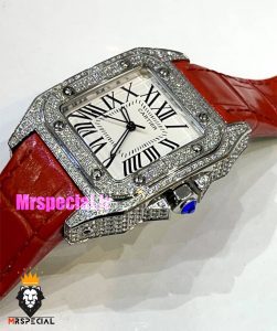 ساعت زنانه کارتیه سانتوس فول نگین بند چرم قرمز صفحه سفید 021363 Cartier Santos100 full diamond