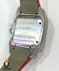 ساعت زنانه کارتیه سانتوس فول نگین بند چرم قرمز صفحه سفید 021363 Cartier Santos100 full diamond