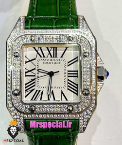 ساعت زنانه کارتیه سانتوس فول نگین بند چرم سبز صفحه سفید 021362 Cartier Santos100 full diamond 