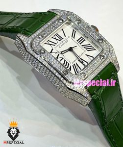 ساعت زنانه کارتیه سانتوس فول نگین بند چرم سبز صفحه سفید 021362 Cartier Santos100 full diamond 