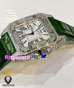 ساعت زنانه کارتیه سانتوس فول نگین بند چرم سبز صفحه سفید 021362 Cartier Santos100 full diamond 