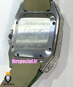 ساعت زنانه کارتیه سانتوس فول نگین بند چرم سبز صفحه سفید 021362 Cartier Santos100 full diamond 