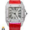 ساعت زنانه کارتیه سانتوس فول نگین بند چرم قرمز صفحه سفید 021363 Cartier Santos100 full diamond
