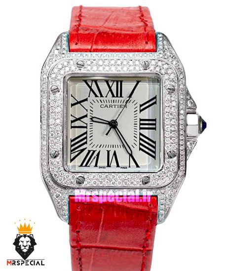 ساعت زنانه کارتیه سانتوس فول نگین بند چرم قرمز صفحه سفید 021363 Cartier Santos100 full diamond