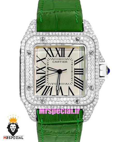 ساعت زنانه کارتیه سانتوس فول نگین بند چرم سبز صفحه سفید 021362 Cartier Santos100 full diamond