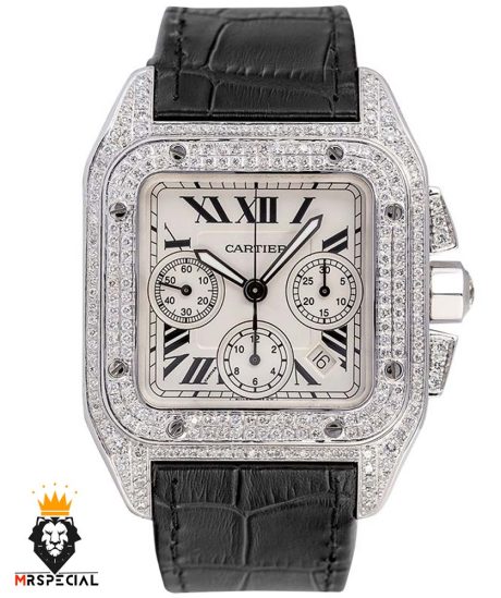 ساعت مچی زنانه کارتیه سانتوس فول نگین کرنوگراف بند چرم 01141 Cartier Santos100