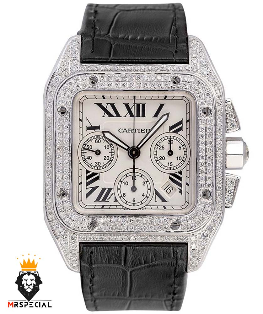 ساعت مچی زنانه کارتیه سانتوس فول نگین کرنوگراف بند چرم 01141 Cartier Santos100