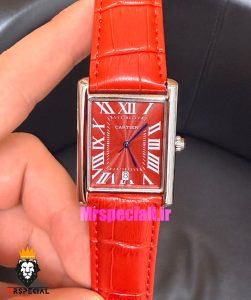 ساعت کارتیه مردانه تانک قاب استیل صفحه قرمز چرم قرمز Cartier Tank 021682 