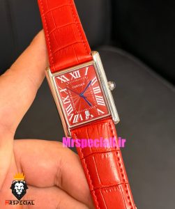 ساعت کارتیه مردانه تانک قاب استیل صفحه قرمز چرم قرمز Cartier Tank 021682 