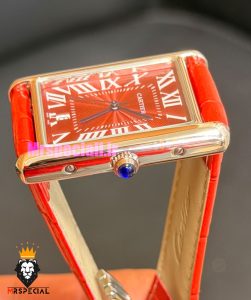 ساعت کارتیه مردانه تانک قاب استیل صفحه قرمز چرم قرمز Cartier Tank 021682 