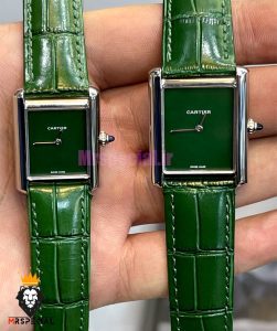 ساعت ست مردانه و زنانه کارتیه مدل تانک بند چرم سبز صفحه سبز Cartier Tank 021396 