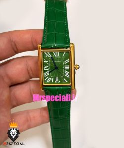 ساعت کارتیه مردانه تانک قاب طلایی صفحه سبز چرم سبز Cartier Tank 021680 