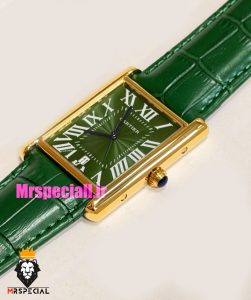 ساعت کارتیه مردانه تانک قاب طلایی صفحه سبز چرم سبز Cartier Tank 021680 