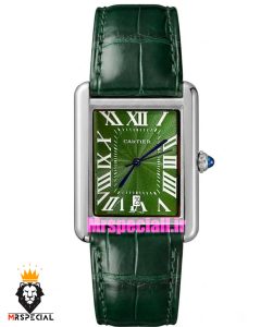 ساعت کارتیه مردانه تانک قاب استیل صفحه سبز چرم سبز Cartier Tank 021681