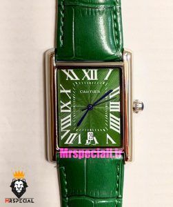 ساعت کارتیه مردانه تانک قاب استیل صفحه سبز چرم سبز Cartier Tank 021681