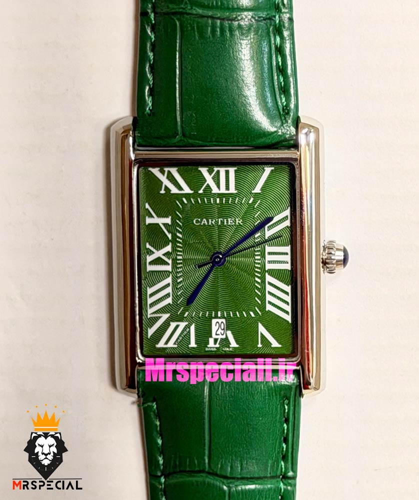 ساعت کارتیه مردانه تانک قاب استیل صفحه سبز چرم سبز Cartier Tank 021681