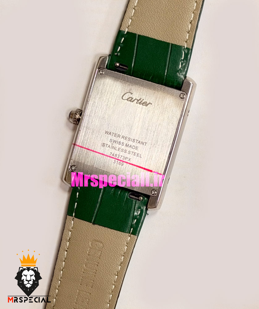 ساعت کارتیه مردانه تانک قاب استیل صفحه سبز چرم سبز Cartier Tank 021681