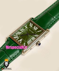 ساعت کارتیه مردانه تانک قاب استیل صفحه سبز چرم سبز Cartier Tank 021681
