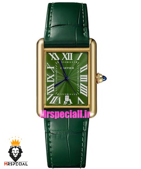 ساعت کارتیه مردانه تانک قاب طلایی صفحه سبز چرم سبز Cartier Tank 021680